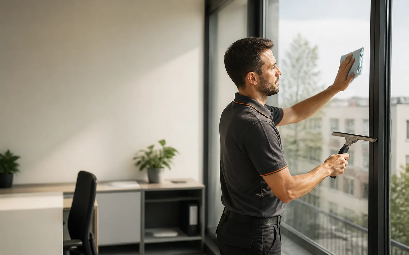 Professionnel nettoyant une grande vitre dans un bureau